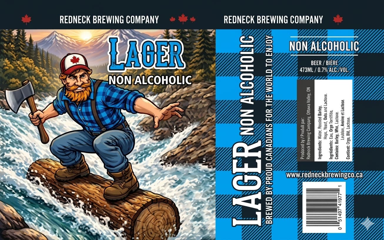 Redneck Brewing Company non-alcoholic lager can label featuring a lumberjack riding a log on a river.