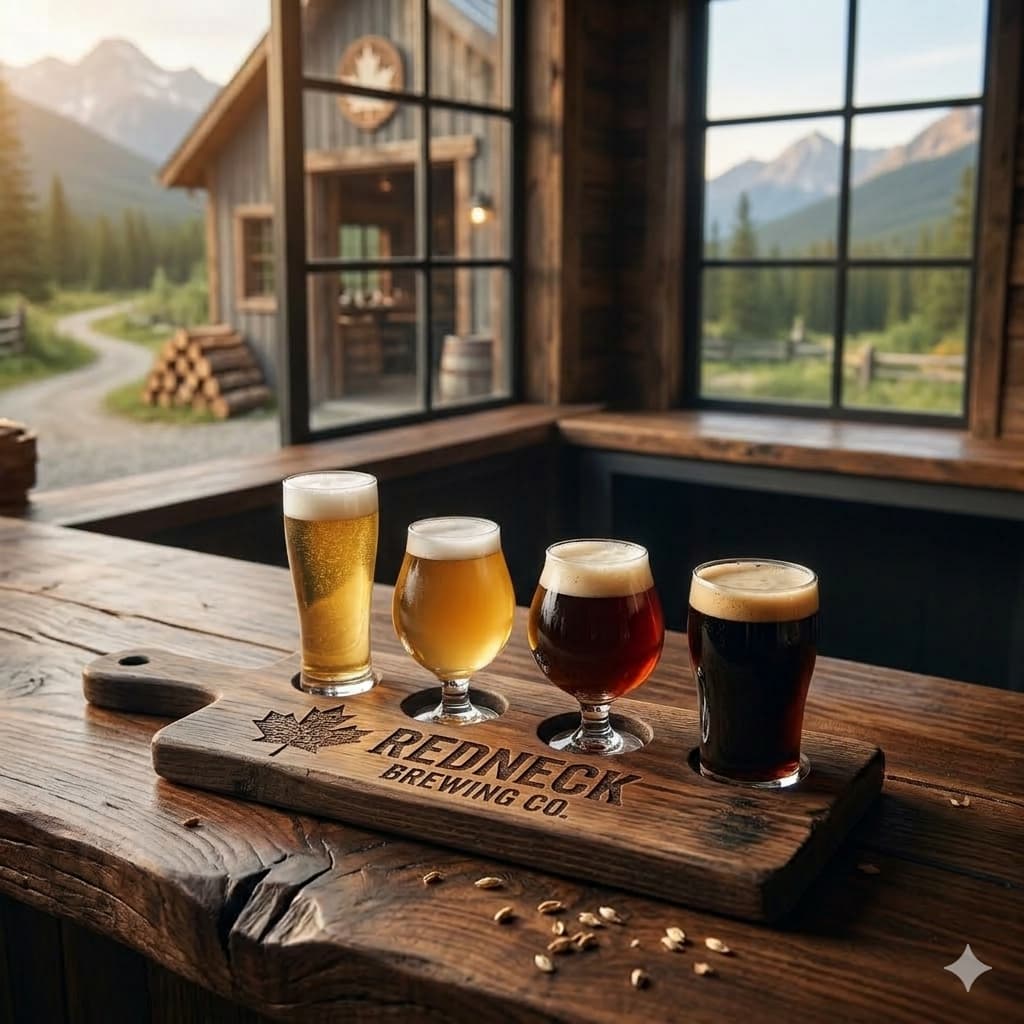 Redneck Brewing Co. beer flight with four different beers served on a wooden tasting board.