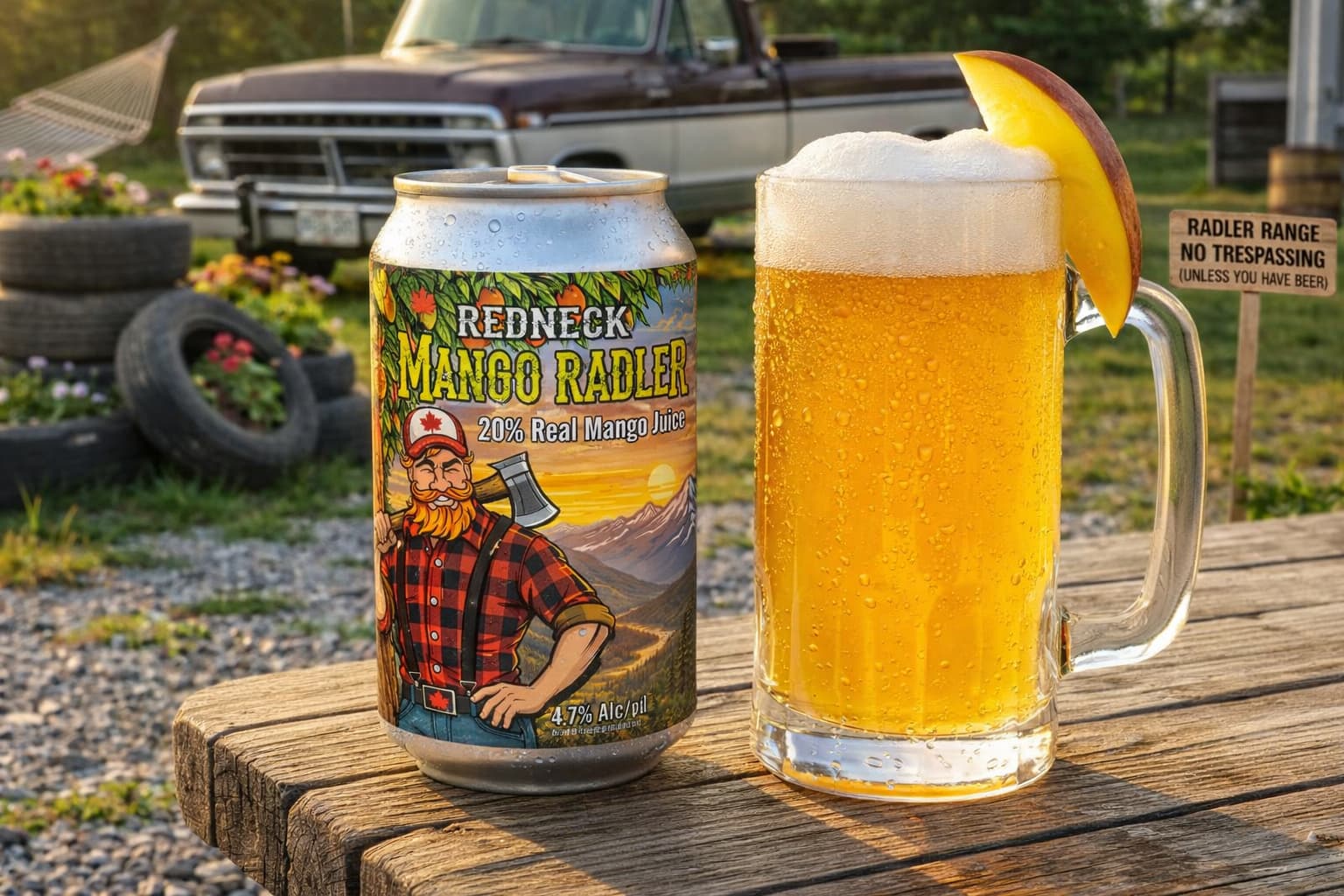 Redneck Mango Radler beer can beside a chilled glass of mango radler with a mango slice on a wooden table.
