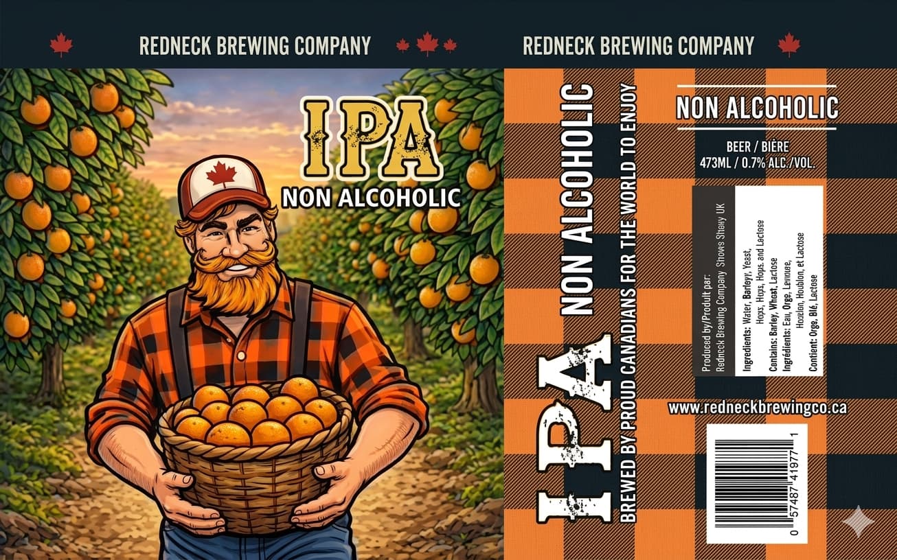 Redneck Brewing Company non-alcoholic IPA can label featuring a lumberjack holding a basket of oranges in an orchard.